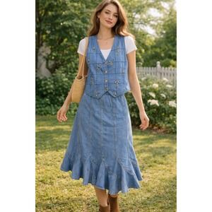 Vintage Casey & Max Blue Denim Vest Floral Embroidered Plaid Back XL